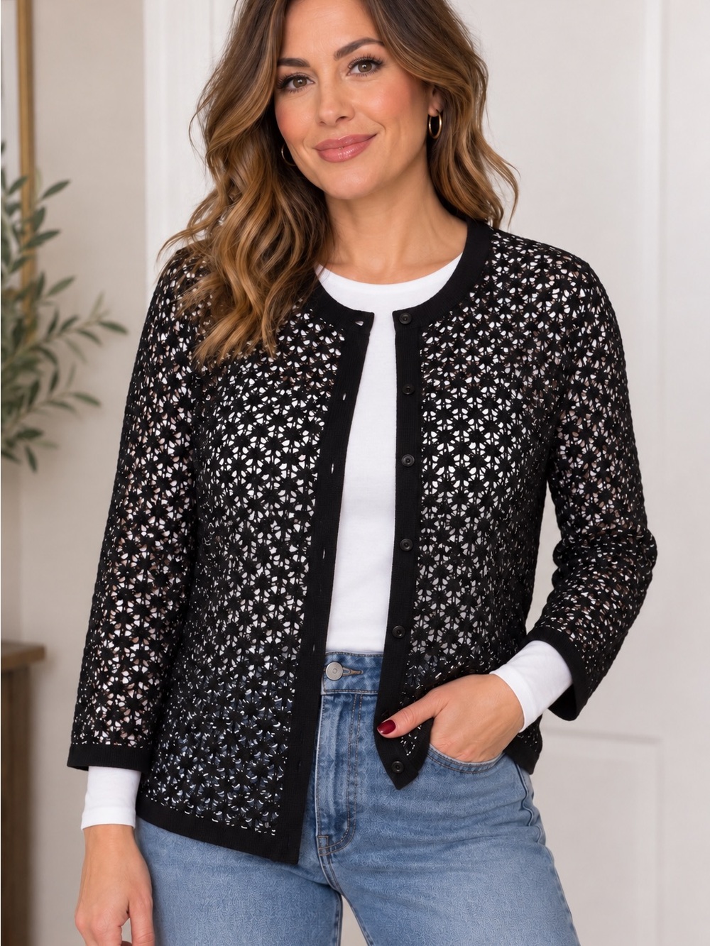 Anne Klein Black Crochet Button-Front Cardigan